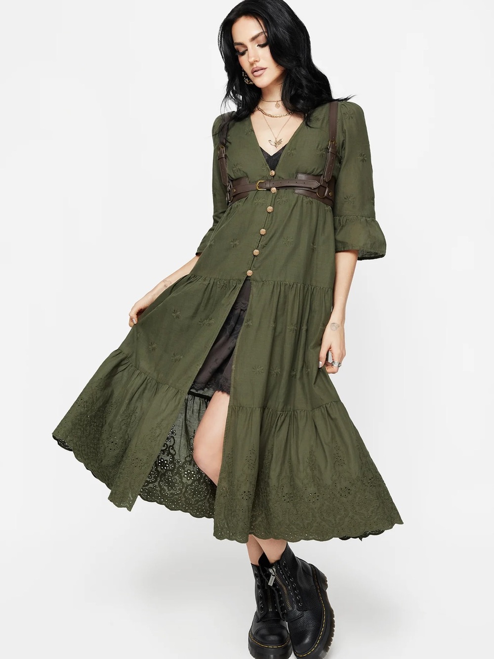 NWT Disturbia Gossamer Tiered Over Dress Olive Green Eyelet Midi US10 SOLD OUT